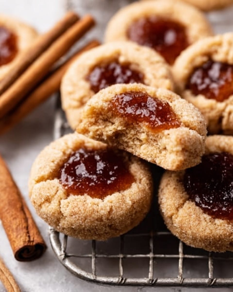 The image shows several small round cookies with a golden-brown color and a soft, slightly crumbly texture. Each cookie has a thick, shiny layer of dark brown jam or fruit spread in the center, creating a filling that looks sticky but smooth. The cookies are placed on a silver wire rack, with one cookie broken in half and a woman's hand reaching in from the side to hold it. Two cinnamon sticks rest nearby, adding a rustic touch. The background is a white marbled texture. Photo taken with an iphone --ar 4:5 --v 7
