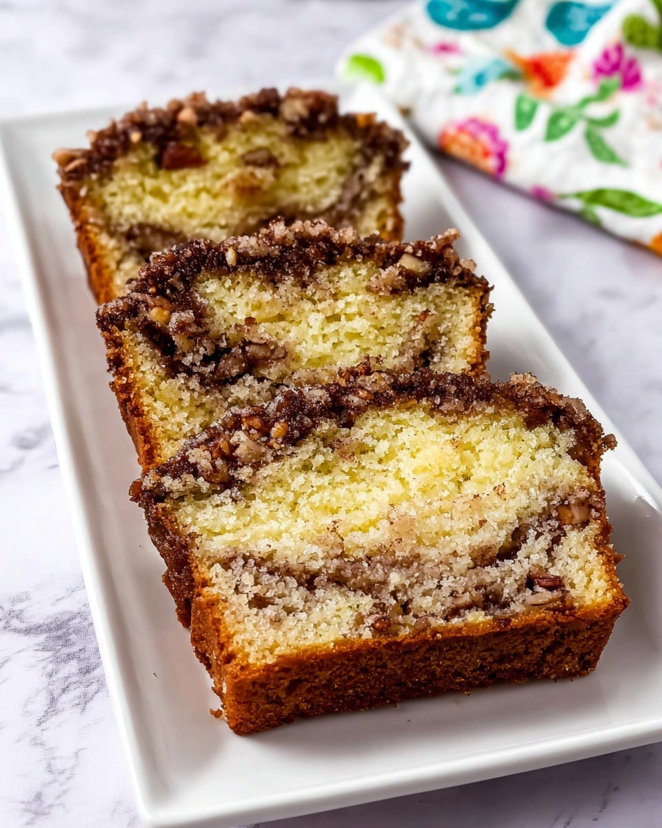 Three slices of yellow cake with a crumbly brown top layer and small nut chunks are arranged side by side on a long white plate. The cake layers show a dense, moist texture with a light golden crust. There is a visible swirl of darker brown pieces and bits of nuts inside the cake, contrasting with the soft yellow base. The plate is set on a white marbled surface with a floral patterned cloth in the background. photo taken with an iphone --ar 4:5 --v 7