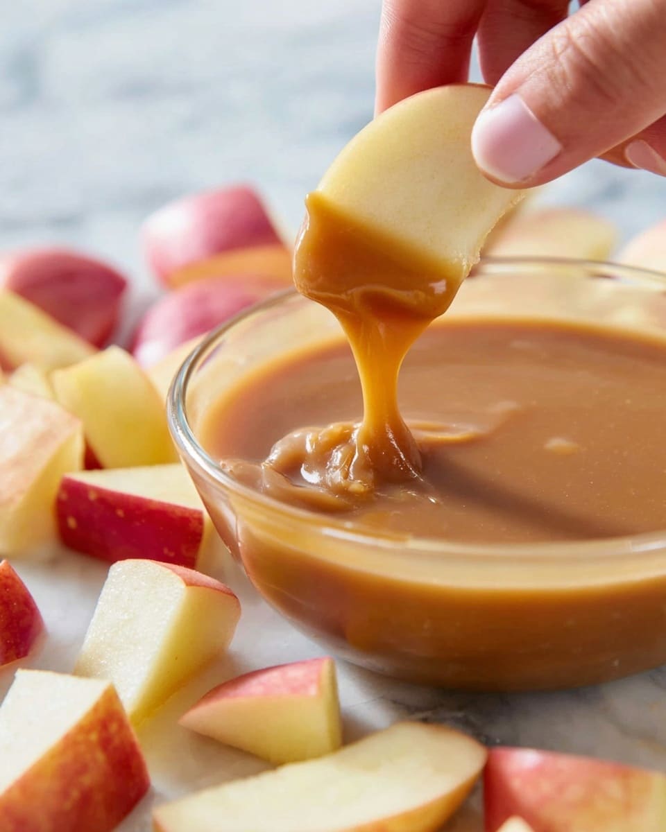 A close-up image showing a woman's hand dipping a yellow apple slice into a smooth, shiny, light brown caramel sauce inside a clear glass bowl. The apple slice is coated halfway with the sauce, which drips slightly back into the bowl. Around the bowl, there are more apple slices with red and yellow skin, placed on a white marbled surface. In the soft-focused background, blurred caramel squares are visible, adding a warm tone to the scene. photo taken with an iphone --ar 4:5 --v 7