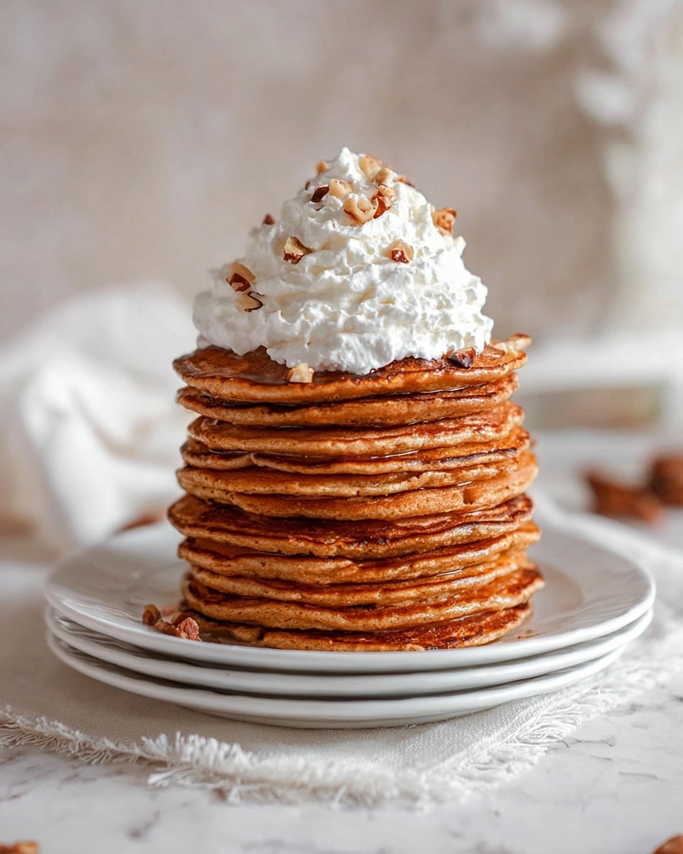 A tall stack of ten golden brown pancakes sits in the middle of two white plates, each pancake thick with a slightly rough texture and warm orange tones. On top of the stack is a generous swirl of white whipped cream sprinkled with small chopped brown nuts. The plates rest on a white marbled surface with some scattered nut pieces and a soft, frayed white cloth underneath. The background is softly blurred, featuring light neutral colors that highlight the pancakes. Photo taken with an iphone --ar 4:5 --v 7