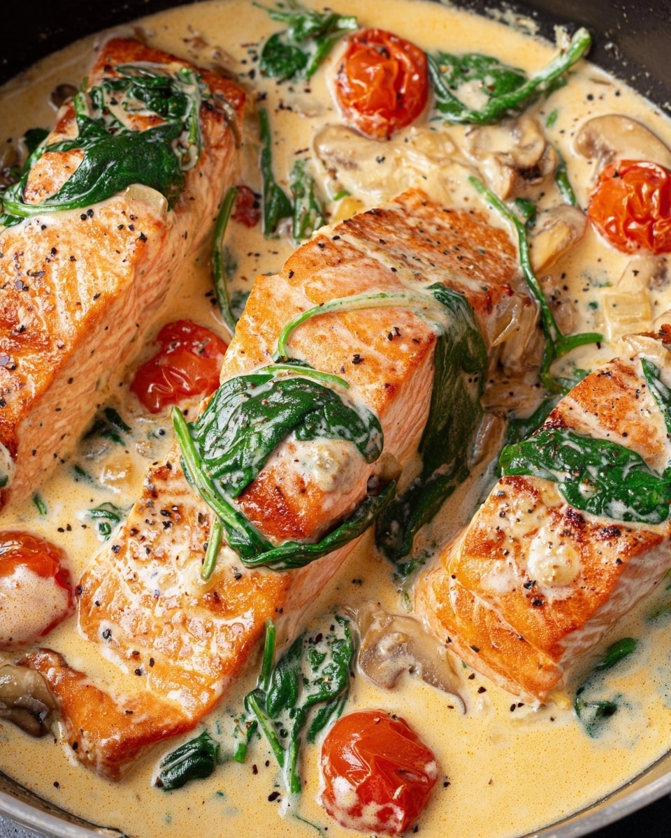 A black cast iron pan holds three salmon fillets layered with a creamy light orange sauce. The sauce is mixed with green spinach leaves, dark brown sun-dried tomatoes, and small red cherry tomatoes, all spread evenly around and on top of the salmon. The pan rests on a white marbled surface with a white cloth with blue stripes in the background. photo taken with an iphone --ar 4:5 --v 7