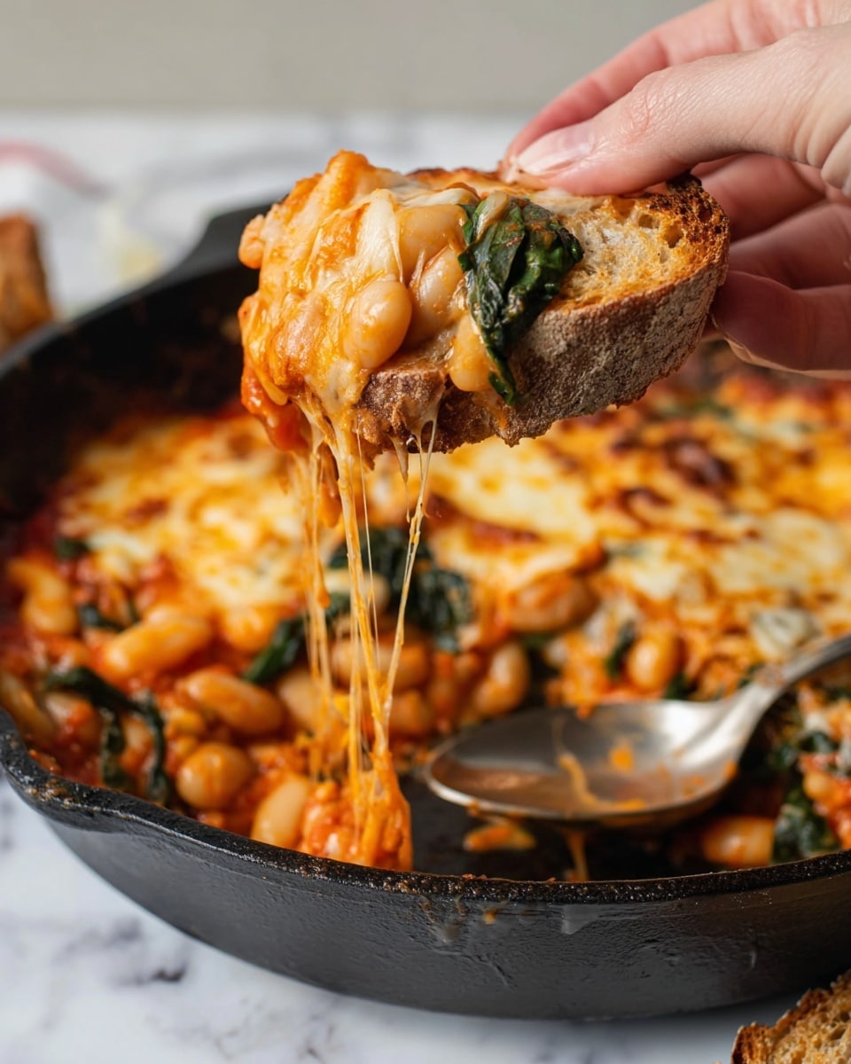A close-up of a woman's hand holding a small piece of crusty bread with a topping of melted golden-brown cheese mixed with red tomato sauce, white beans, and green spinach leaves. The cheese is stretchy and pulls away in strings from the bread. In the background, a black skillet filled with the same cheesy tomato bean mixture is visible on a white marbled surface, with a spoon resting in it. The colors are warm with reds, yellows, and greens standing out. The image has a soft focus on the background, highlighting the bread topping in the foreground photo taken with an iphone --ar 4:5 --v 7