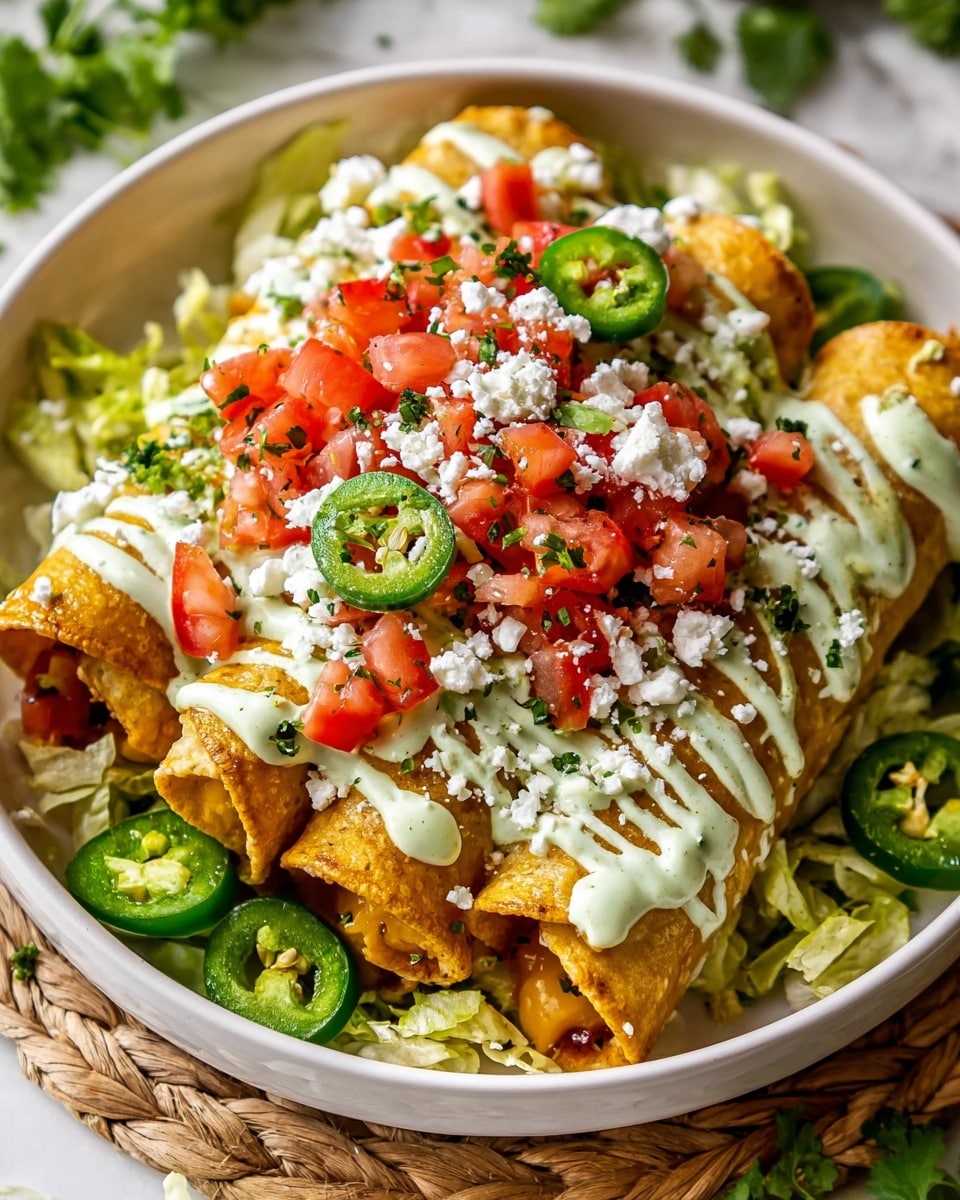 The image shows a white bowl filled with golden crispy rolled tacos stacked in the center, each taco topped with drizzles of green creamy sauce and white sauce. Bright green slices of jalapeño peppers are scattered over the tacos. On top, there is a fresh mix of bright red diced tomatoes with small bits of white onion and green herbs. Crumbled white cheese is sprinkled over the whole dish. The bowl rests on a textured rope mat, with a white marbled surface background. photo taken with an iphone --ar 4:5 --v 7