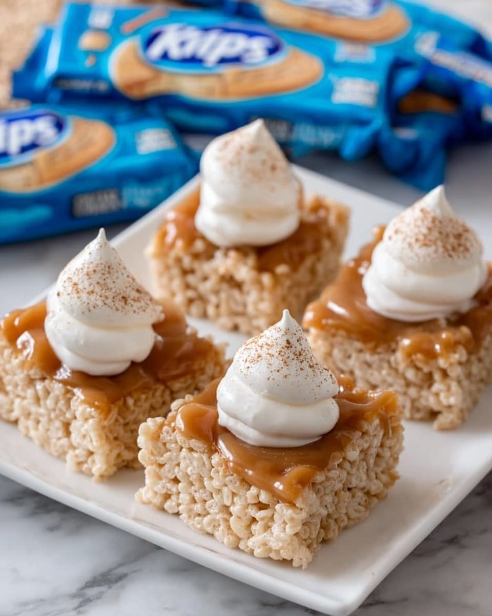 The image shows four square Rice Krispies Treats on a white plate, each topped with a layer of smooth, shiny golden caramel and a dollop of white whipped cream sprinkled lightly with cinnamon. The treats have a light beige, crispy texture. The plate rests on a white marbled surface, and in the background, there are two blue and white Rice Krispies Treats wrappers. The light shines softly on the caramel and whipped cream, making them look fresh and inviting photo taken with an iphone --ar 4:5 --v 7