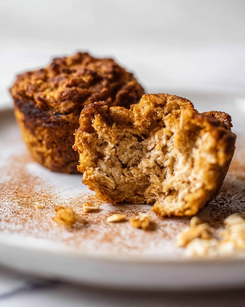 The image shows a close-up of two oatmeal muffins on a white plate with a faint sprinkle of cinnamon powder spread across the surface. The muffin in the front is partially broken, revealing three layers inside: a shredded oat and golden brown crusty top layer, a light tan soft and moist inner layer, and a dense bottom layer composed of oats mixed with a slightly darker moist texture. The background is a white marbled texture, and the focus is sharp on the broken muffin, showing the rough texture of oats and crumbs. One whole muffin stands blurred behind it, showing a similar golden brown color on top. Photo taken with an iphone --ar 4:5 --v 7