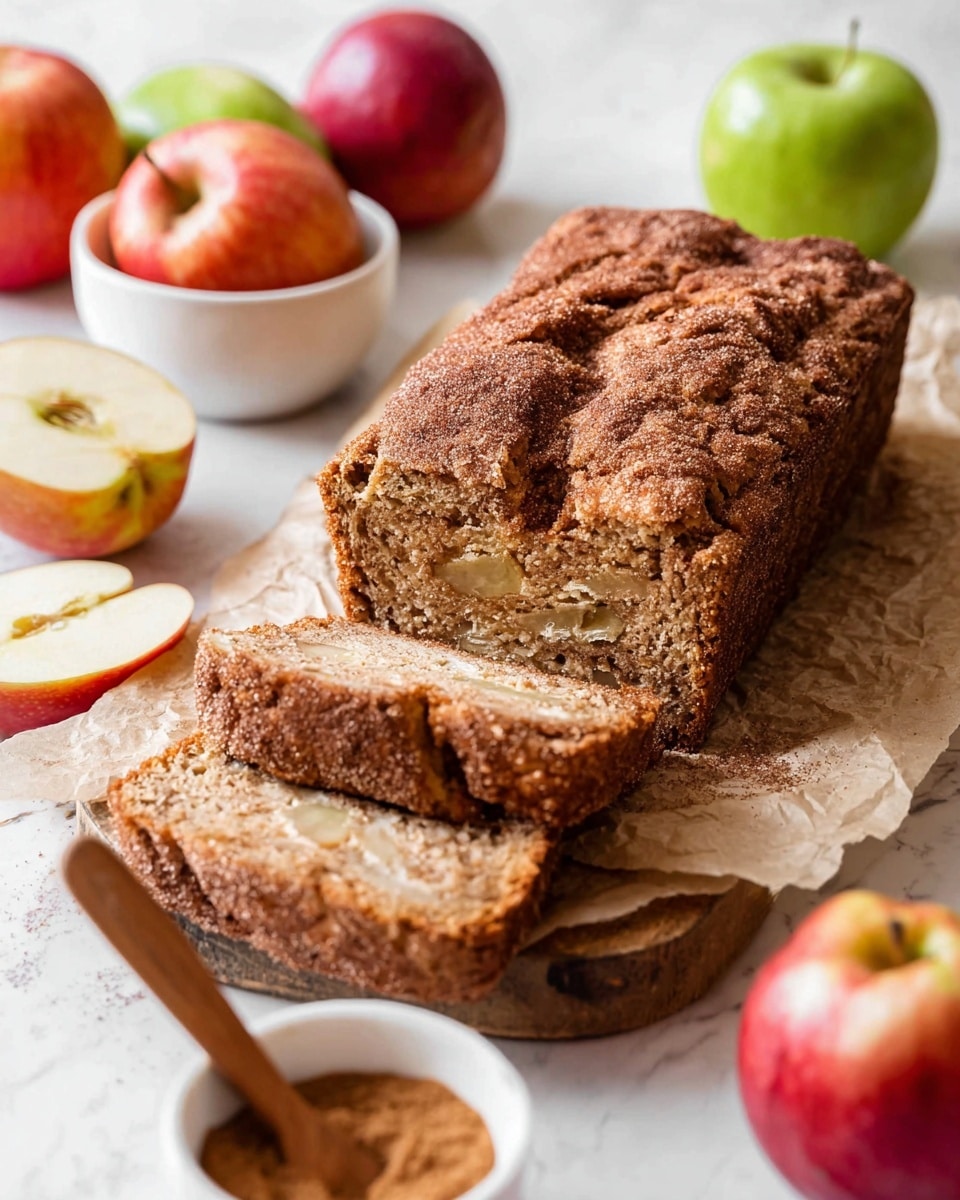 A thick slice of brown apple bread sits on a piece of parchment paper placed on a wooden board; the bread has a soft, slightly crumbly inside with small chunks and darker spots showing cinnamon swirls on the top crust layer that is darker and textured. The background is a white marbled surface with blurred green and red apples and some cinnamon sticks nearby. The overall setting emphasizes the moist texture of the bread and the spice topping. Photo taken with an iphone --ar 4:5 --v 7