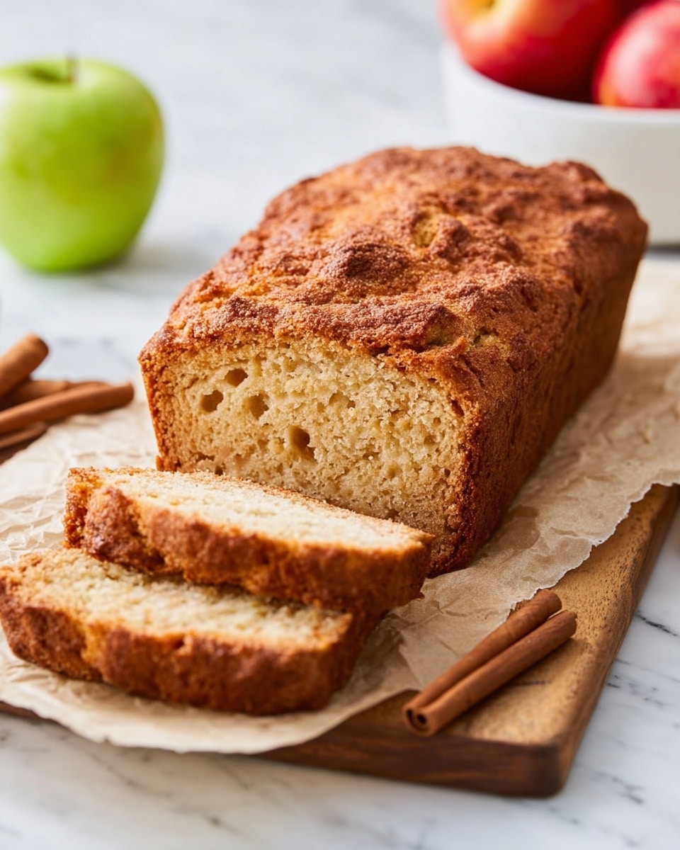 The image shows a loaf of cinnamon apple bread on a wooden board with parchment paper underneath. The bread is partly sliced to reveal a soft, light brown inside with a moist texture. The top of the loaf has a darker, crumbly cinnamon sugar crust with cracks showing the inside. Two cinnamon sticks lie in front of the bread on the board. In the background, there is a green apple on the left and a white bowl filled with red apples on the right, all set on a white marbled surface. photo taken with an iphone --ar 4:5 --v 7