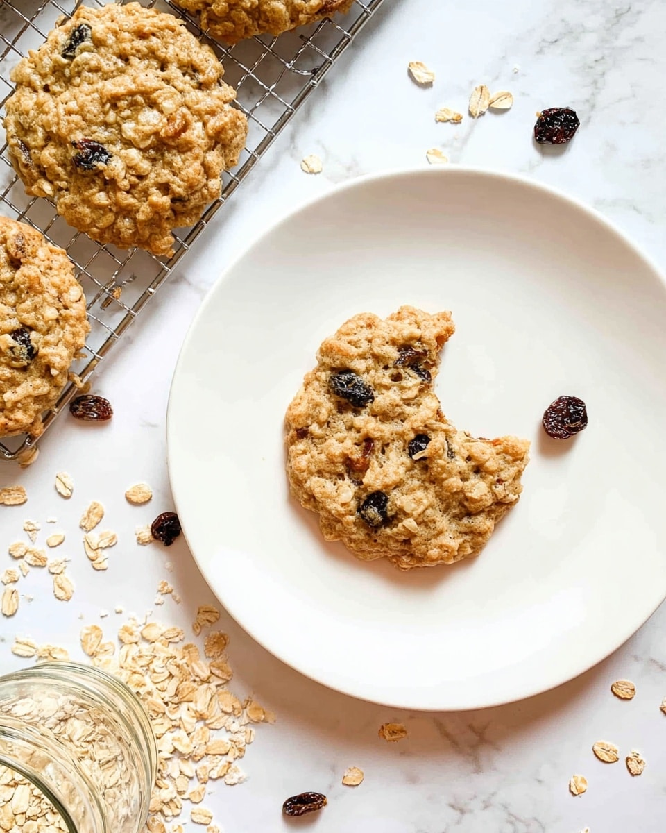 The image shows a white plate with a single round oatmeal raisin cookie that has a bite taken out of it, placed in the center. The cookie has a golden-brown color with visible oats and dark raisins embedded throughout its slightly textured surface. Around the cookie on the plate, there are a few scattered oats and raisins. To the left of the plate, there is a metal cooling rack holding more oatmeal raisin cookies of similar size and color. The cookies look slightly soft and chewy with a natural, uneven shape. The background is a white marbled texture overlaid with a loosely woven burlap fabric, scattered with oats and raisins spilling out from an off-angled jar. photo taken with an iphone --ar 4:5 --v 7