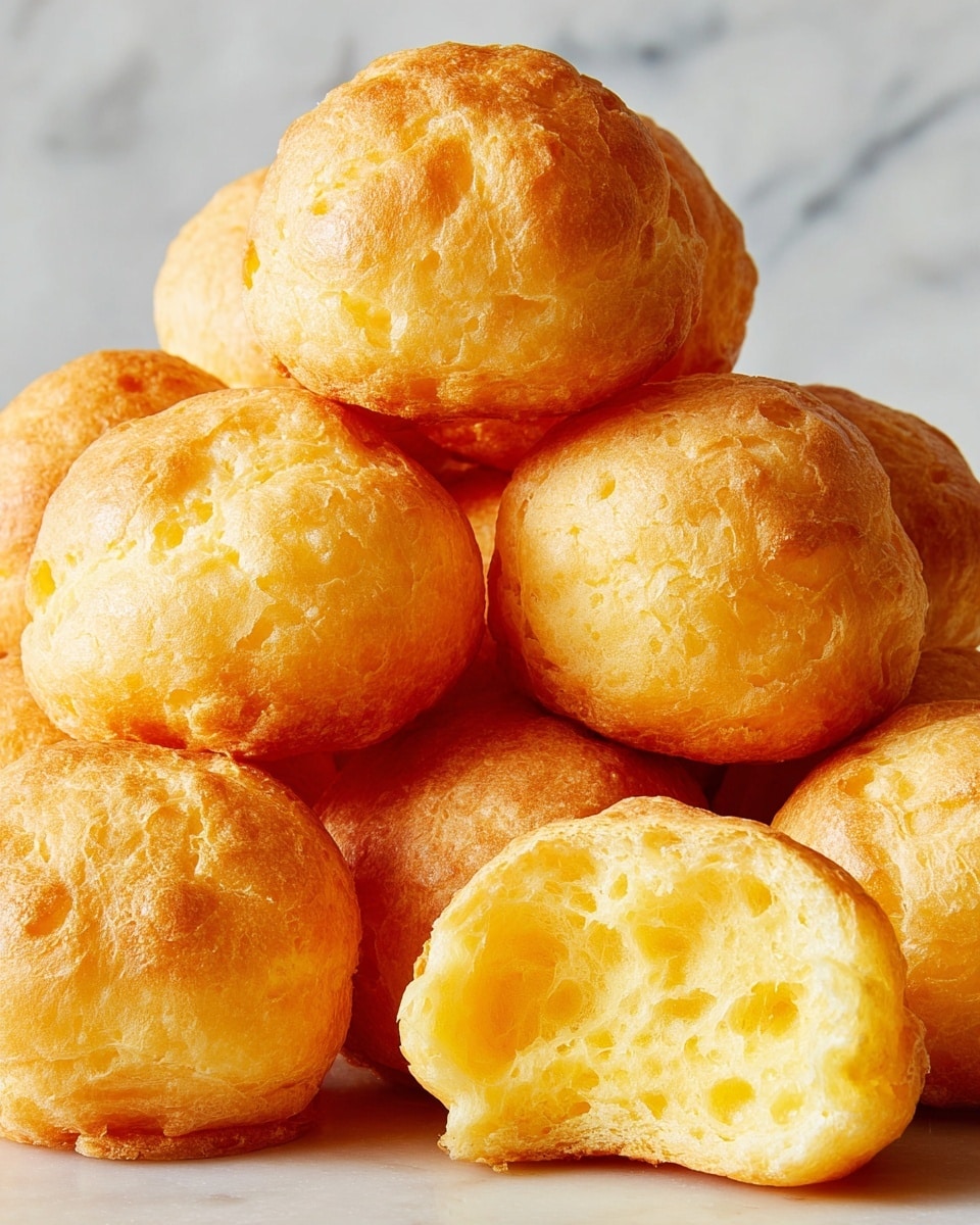 A close-up of a stack of golden brown puffs arranged in three uneven layers, with the top layer featuring one puff cut open to show a soft, airy, light yellow inside with a slightly spongy texture. The outer layer of the puffs is smooth and shiny with a crispy appearance. They rest on a surface with a white marbled texture. Photo taken with an iphone --ar 4:5 --v 7