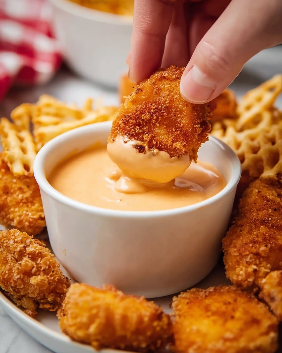 A close-up image shows one layer of golden brown, crispy pieces of fried food held by a woman's hand dipping into a smooth, creamy light orange sauce inside a small white bowl at the center. Around the bowl is a layer of golden brown waffle fries on the left and more crispy fried pieces on the right, all sitting on a white marbled surface. A white bowl blurred in the background contains more orange food pieces. Photo taken with an iphone --ar 4:5 --v 7