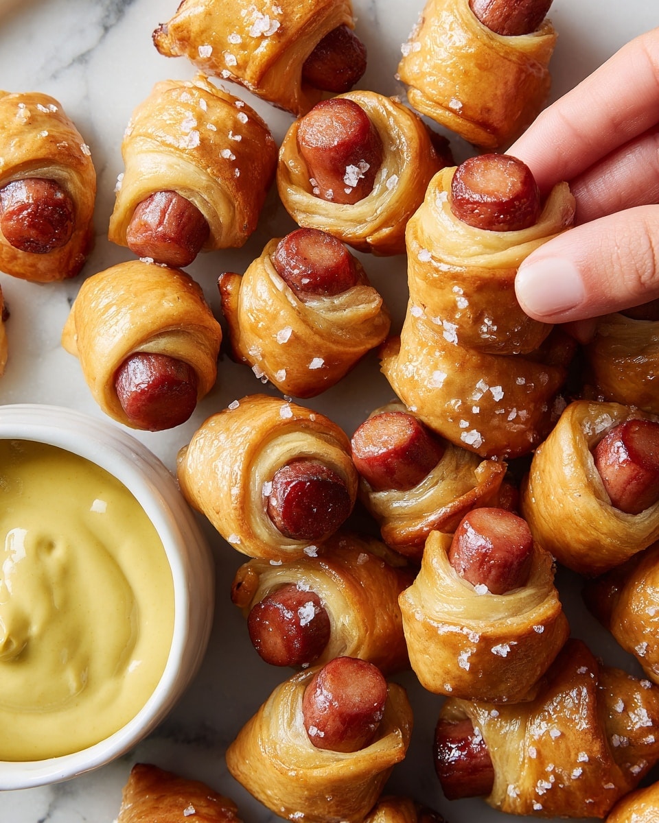 The image shows a white rectangular plate on a white marbled surface holding small bite-sized sausages wrapped in golden brown pastry dough, sprinkled lightly with coarse salt. There are 11 of these wrapped sausages arranged loosely across the plate. At the top left is a small white bowl filled with a creamy pale yellow sauce. On the lower right side of the plate, there are two more small white bowls; one filled with bright red ketchup and the other with smooth yellow mustard. The scene is bright and clear, highlighting the warm tones of the baked pastries and the vibrant colors of the sauces. photo taken with an iphone --ar 4:5 --v 7