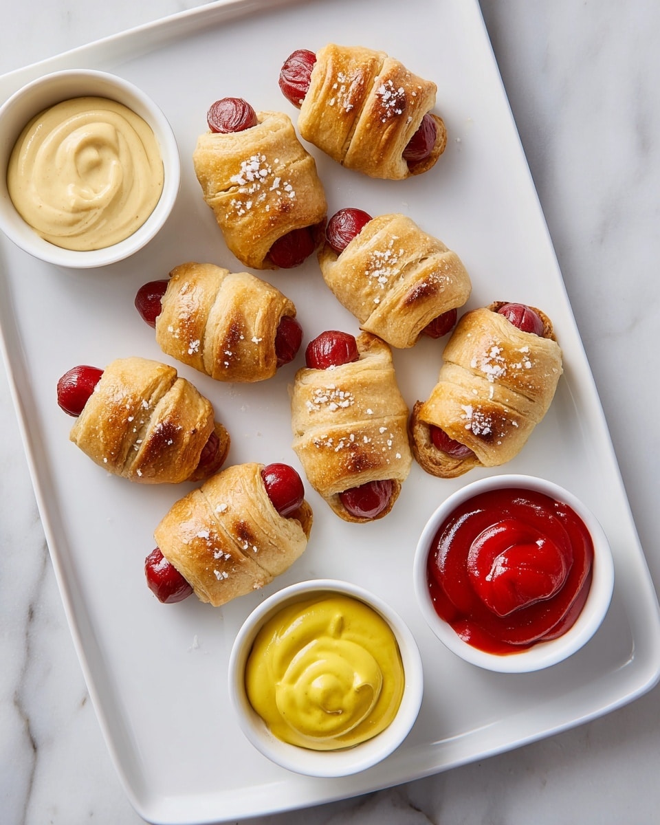 The image shows many small sausages wrapped in golden brown puff pastry, sprinkled with coarse salt on top. Each piece has one layer of puff pastry spiraled tightly around a glossy, reddish-brown sausage so that the ends of the sausage stick out. The snacks are placed closely together on a white marbled surface. In the top right corner, a woman's hand holds one wrapped sausage, dipping it into a small white bowl filled with creamy, yellow mustard sauce with visible mustard seeds. The lighting highlights the crispy texture of the pastry and the shiny skin of the sausages photo taken with an iphone --ar 4:5 --v 7