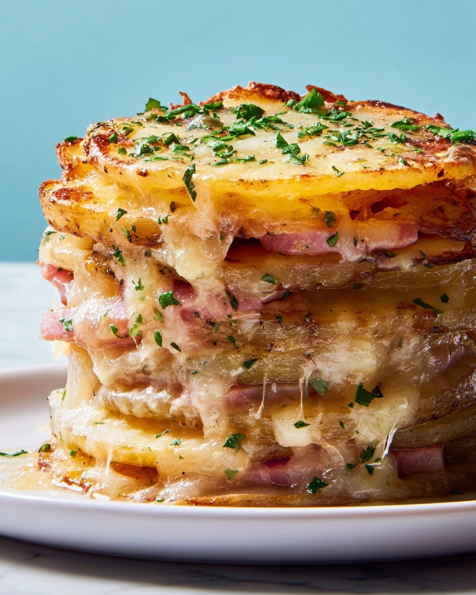 The image shows a stack of six layers of thin, round potato slices with browned edges, each separated by creamy, light-colored sauce and bits of bacon. On top, a melted, golden-orange layer of cheese is sprinkled with small pieces of green herbs. The stack sits directly on a white surface with a smooth texture that reflects the stack slightly, with a pale blue background behind. photo taken with an iphone --ar 4:5 --v 7