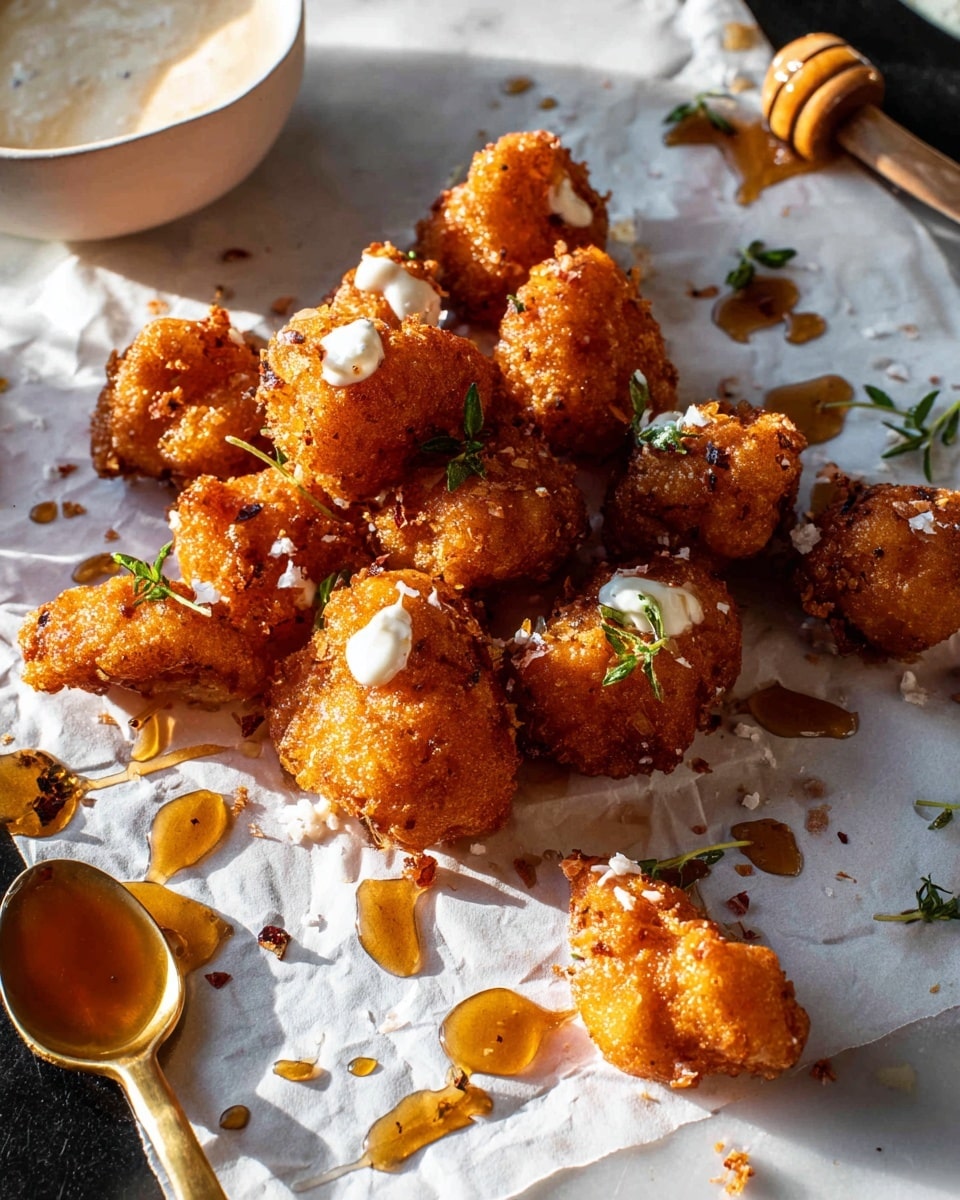 Golden brown crispy fried cauliflower pieces are scattered on white parchment paper over a white marbled surface. Some pieces have a light drizzle of white creamy sauce, while others are topped with small green herb leaves. To the right, a golden spoon with sticky amber-colored sauce sits next to a small clear jar filled with the same sauce. The texture of the fried cauliflower is crunchy with visible bits of the breading. Photo taken with an iphone --ar 4:5 --v 7