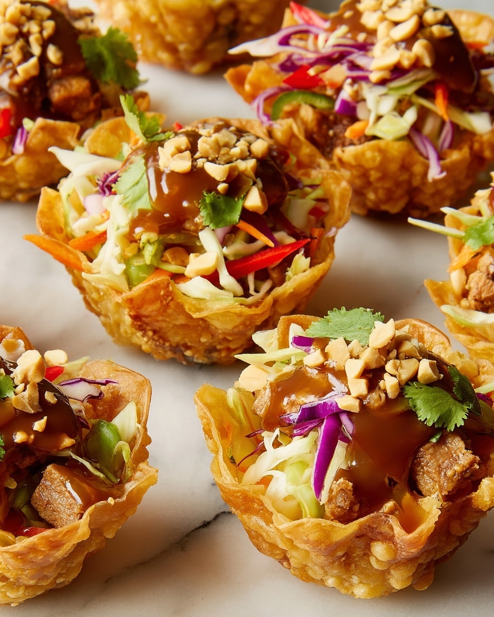 The image shows several small cups made from crispy golden-brown shells, each filled with colorful layers. The bottom layer inside the shells is a mixture of light brown shredded pieces with a smooth texture, topped with a fresh mix of thin, bright red and purple cabbage strips and small green herb leaves. There are also light orange and white thin strips, possibly carrots and cabbage, mixed with chopped peanuts scattered on top and around the cups. A light brown sauce is drizzled over the mixture, some spilling slightly over the shell edges onto a white marbled surface. The overall look is vibrant and crunchy with a mix of warm and cool colors. Photo taken with an iphone --ar 4:5 --v 7