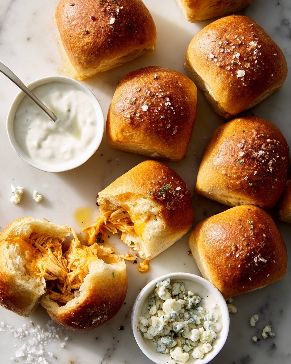 A white marbled surface holds eight golden brown biscuit pieces with a slightly crispy texture and sprinkled coarse salt on top, arranged casually in a loose circle. One biscuit is torn open, showing soft, fluffy inside layers filled with orange shredded chicken. Two small white bowls of creamy sauces, one plain and the other dotted with blue cheese bits, sit near the biscuits. The sauce from one bowl is dripping slightly onto the marble next to the torn biscuit. The overall look is warm and inviting with a mix of smooth creamy and textured crispy surfaces. photo taken with an iphone --ar 4:5 --v 7