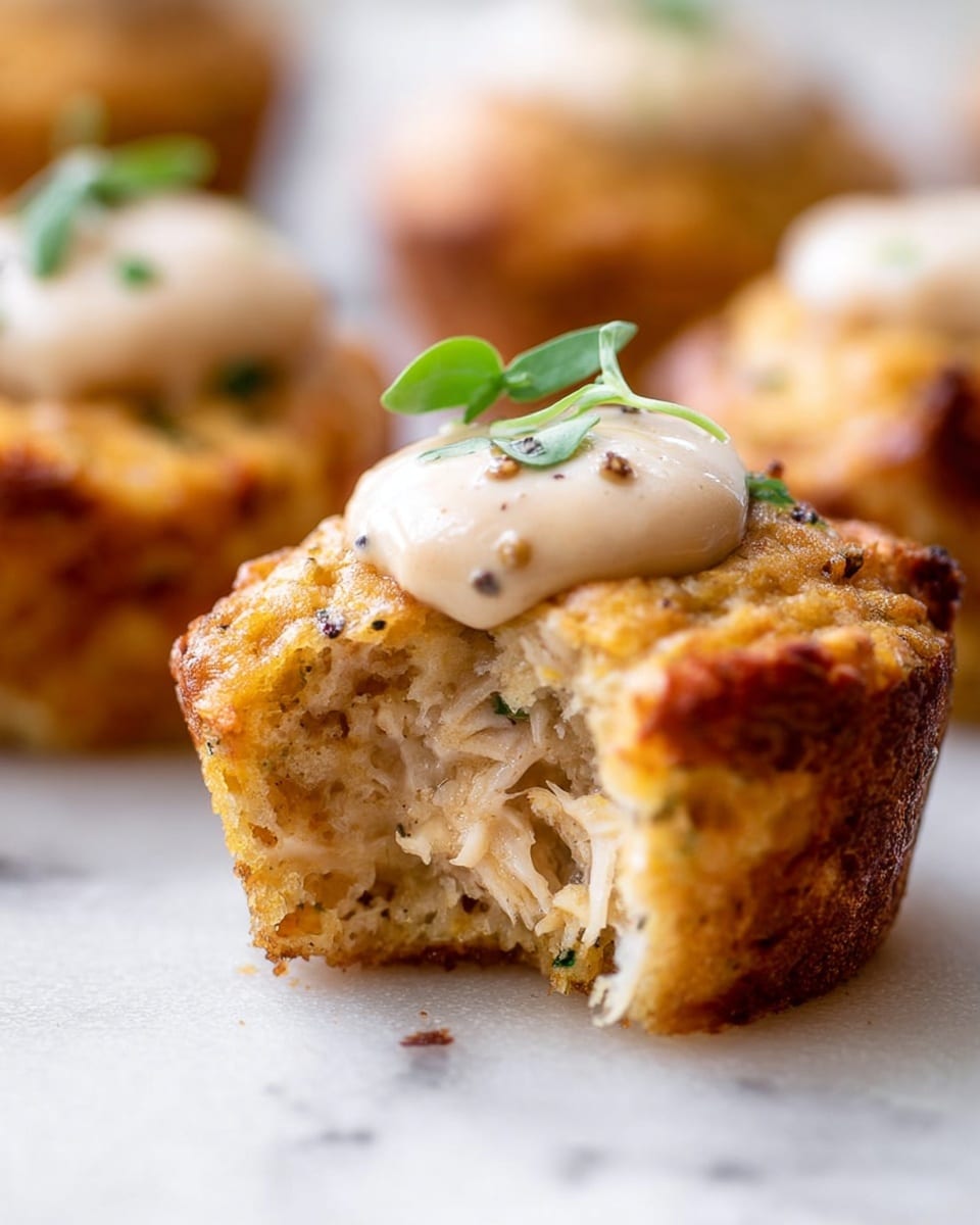 The image shows a small savory muffin with a crispy golden-brown outer layer and a soft, light beige inside that looks moist and fluffy. Inside the muffin, there are visible strips of shredded white meat. On top of the muffin, there is a dollop of creamy white sauce with faint specks and a small green garnish, likely a chive, resting partly under the sauce. The muffins are on a white marbled surface, and the focus is on the front muffin with others blurred in the background. Photo taken with an iphone --ar 4:5 --v 7