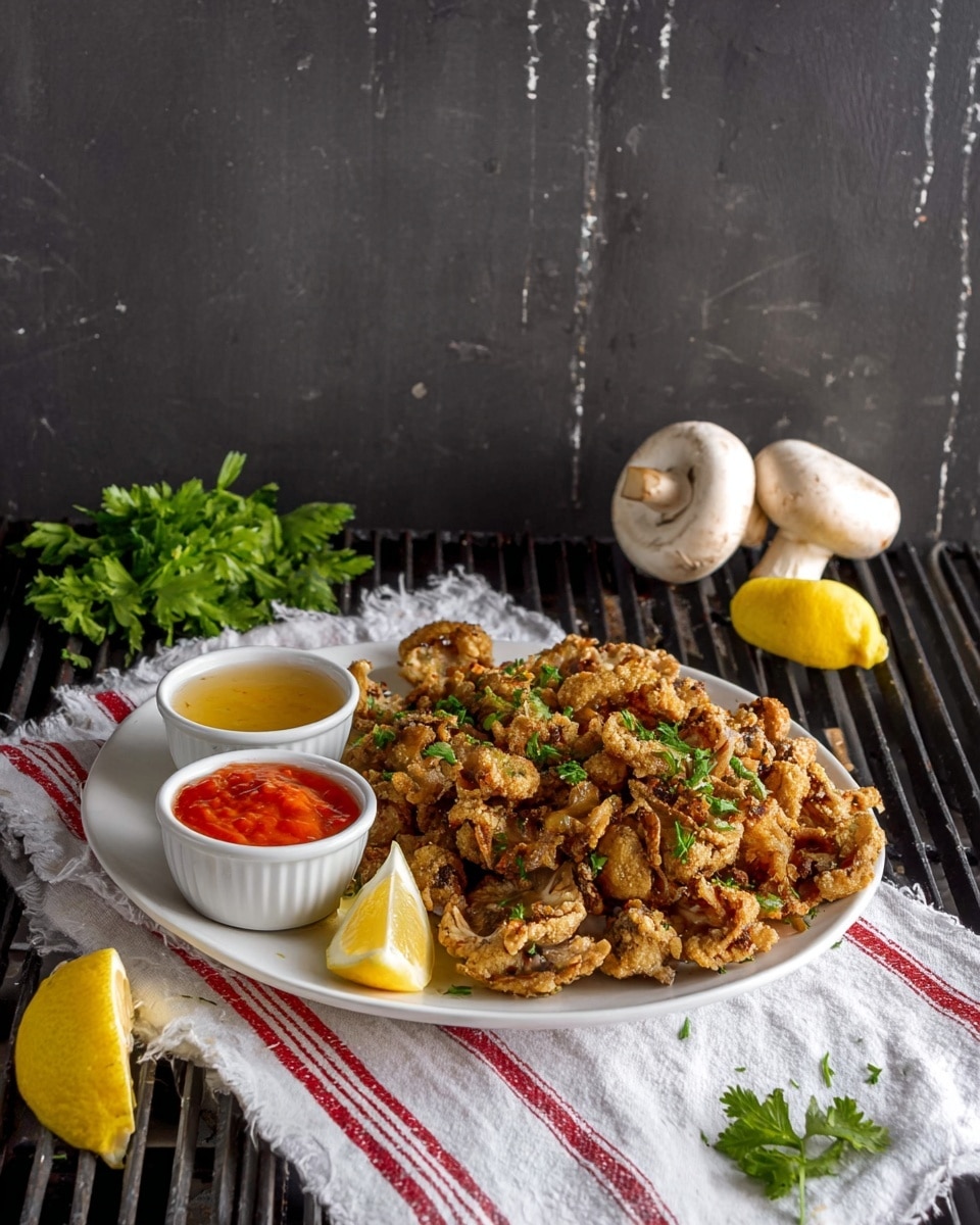 A white plate is filled with a large layer of crispy, golden-brown fried mushroom pieces scattered and topped with green parsley leaves. On the left side of the plate, there are two small white bowls, one holding a red sauce and the other a light yellow sauce. Below the bowls, two lemon wedges are placed next to each other. The plate sits on a white cloth with red stripes, and fresh mushrooms lean against the back left side of the plate on a white marbled surface. Some green parsley sprigs are placed near the bottom right corner. Photo taken with an iphone --ar 4:5 --v 7