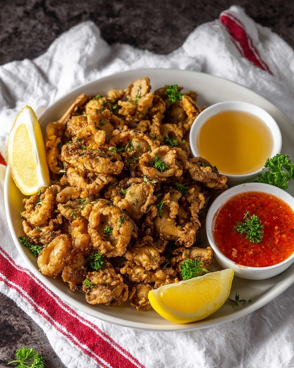 A white plate filled with a pile of crispy, golden-brown fried mushrooms sprinkled with bright green parsley on top. On the side, there are two lemon wedges showing juicy, bright yellow flesh. Next to the mushrooms, two small white bowls hold dipping sauces: one with a clear light yellow liquid and the other with a red chunky sauce garnished with parsley. The plate sits on a white cloth with a red stripe, placed on a white marbled textured surface. Photo taken with an iphone --ar 4:5 --v 7