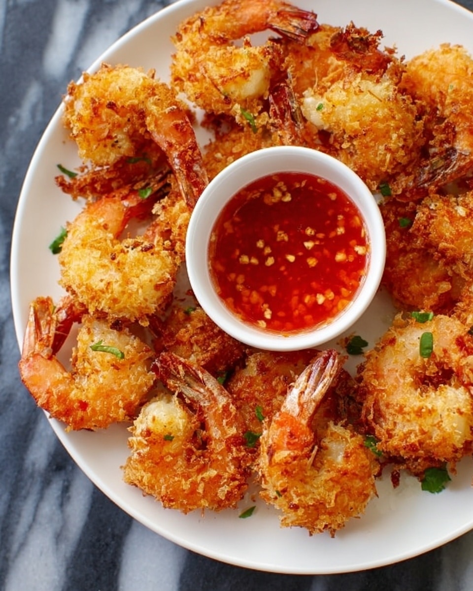 The image shows a white plate filled with golden brown coconut shrimp, each piece crispy with a rough, crunchy texture made from toasted coconut flakes. The shrimp tails are orange and curled, placed on a few green parsley leaves that add a touch of color. On the side of the plate, there is a small white bowl filled with bright red dipping sauce that looks smooth and glossy. The plate sits on a white marbled surface, and the lighting highlights the warm colors of the fried shrimp and the sauce. Photo taken with an iphone --ar 4:5 --v 7