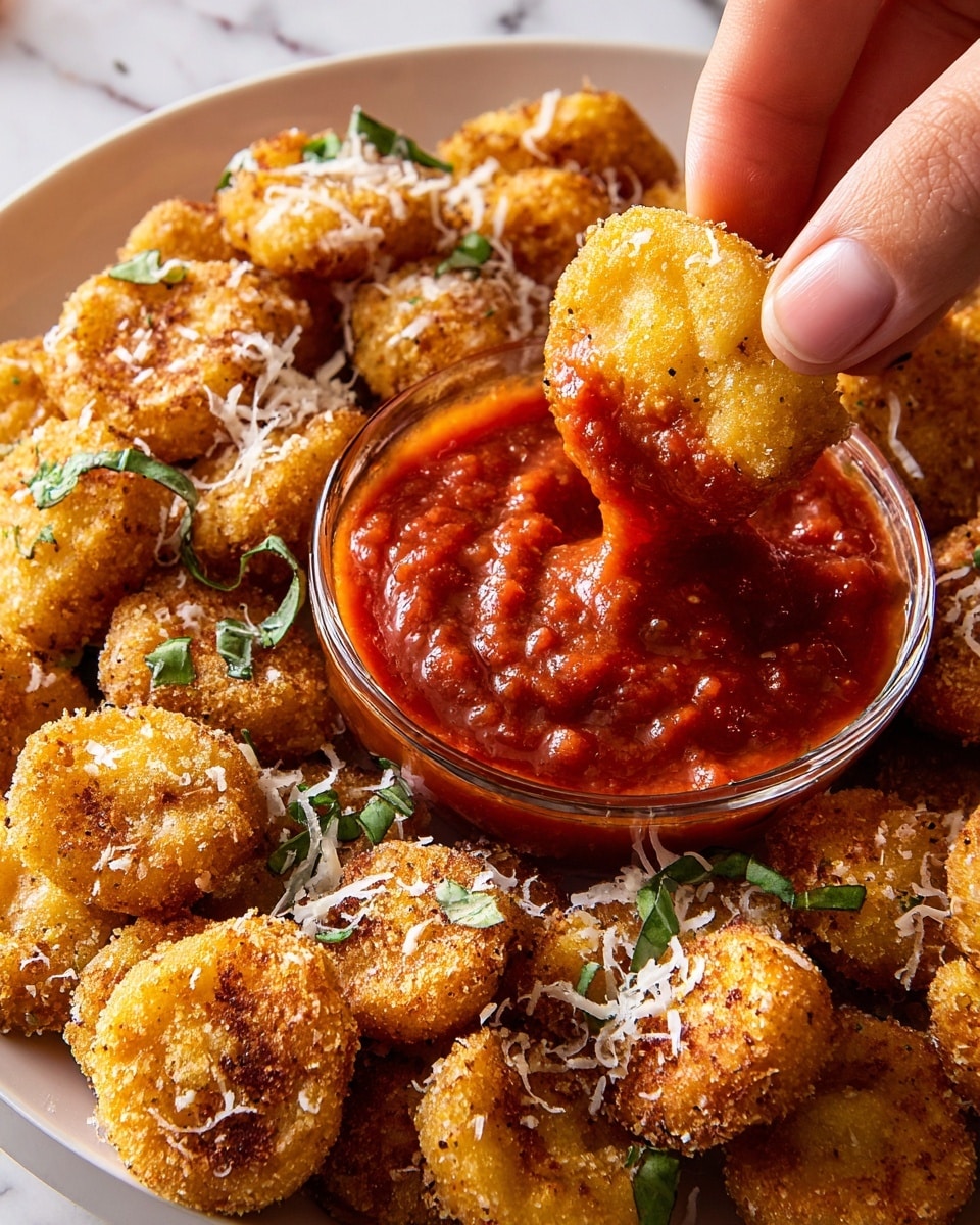 A large white plate full of golden brown fried ravioli pieces, each coated with a crispy breaded texture and sprinkled with white grated cheese and small green herb leaves. On the left side of the plate, there is a clear glass bowl filled with thick red marinara sauce, and a woman's hand is dipping one ravioli into the sauce. The background surface is a white marbled texture, adding a clean and bright look to the image. The photo taken with an iphone --ar 4:5 --v 7