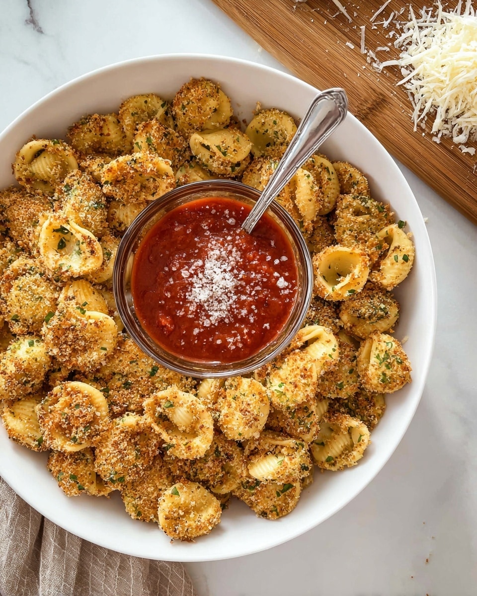 A large white bowl filled with one layer of golden, baked tortellini covered in a crunchy breadcrumb coating with small green herb pieces sprinkled on top. In the center of the bowl, there is a clear glass bowl filled with chunky red tomato sauce topped lightly with white grated cheese. A shiny silver spoon is resting in the tomato sauce. The bowl is placed on a white marbled surface with a wooden board and some more white grated cheese visible nearby. photo taken with an iphone --ar 4:5 --v 7