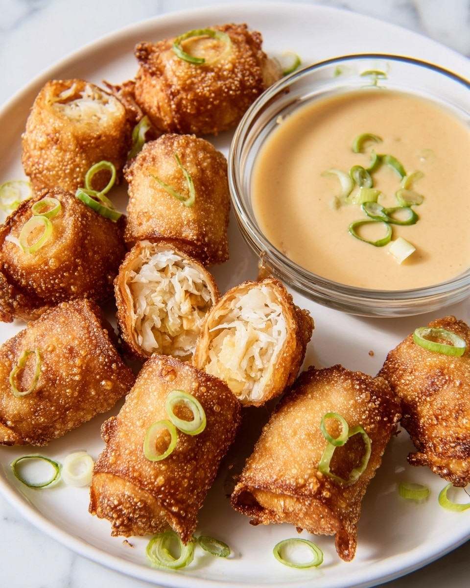 The image shows a white square plate with six golden-brown crispy fried rolls stacked in two layers, three on the bottom and three on top. The rolls have a crunchy texture on the outside with small bubbles, and one roll is cut open, showing white rice mixed with small bits of red and green inside. The rolls are garnished with small green onion pieces scattered on and around them. The plate is placed on a white marbled surface. photo taken with an iphone --ar 4:5 --v 7