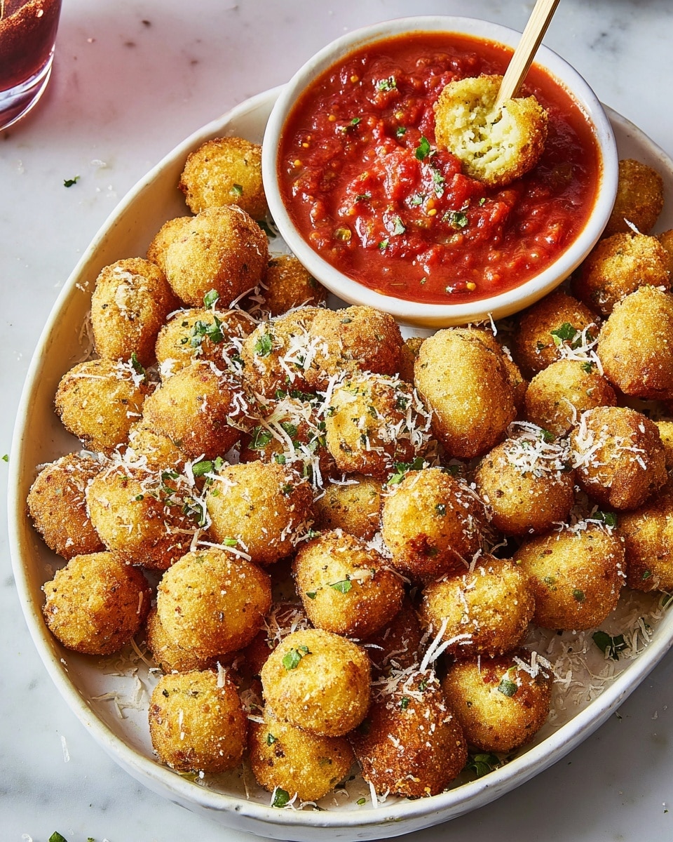 A white bowl is filled with small, golden-brown fried balls covered lightly with grated cheese and garnished with small green herb pieces. In the center of the bowl, there is a smaller white cup filled with chunky red tomato sauce that has specks of green herbs. One ball is held by a woman's hand using a wooden skewer, dipped halfway into the sauce. A couple of the fried balls are broken open, showing a creamy white inside. The bowl sits on a white marbled surface. photo taken with an iphone --ar 4:5 --v 7