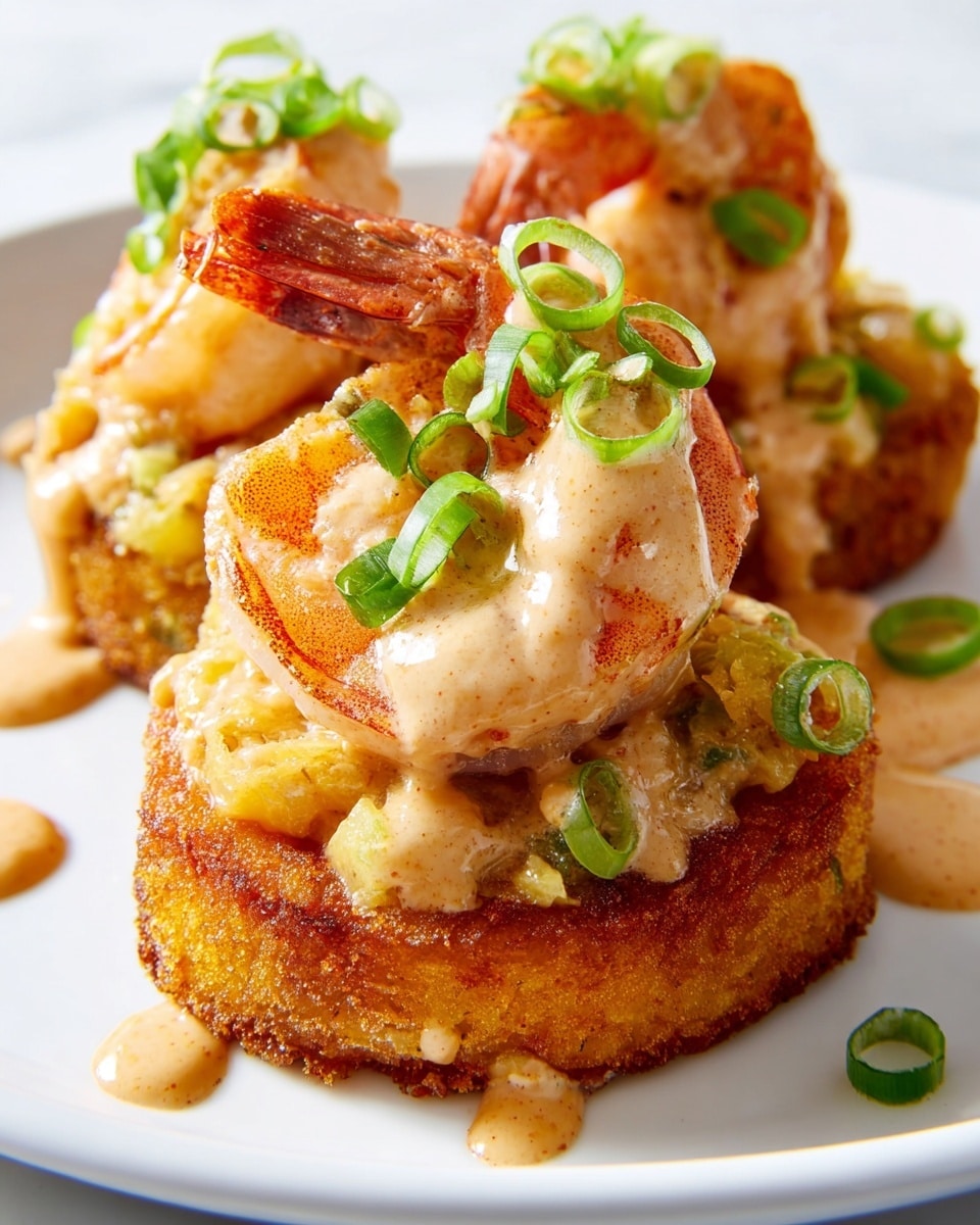 A white triangular plate holds eight round, yellow polenta cakes, each topped with two grilled shrimp that have black grill marks and an orange-pink color. Small pieces of chopped green onions are scattered on top and around the shrimp. The plate is set on a light beige cloth on a white marbled surface. In the background, there is a stack of white octagonal plates with two shrimp-topped polenta cakes on the top plate, a wooden bowl filled with cornmeal, and a small white bowl with brown seasoning powder. A woman's hand is not shown but implied by the setup. Photo taken with an iphone --ar 4:5 --v 7