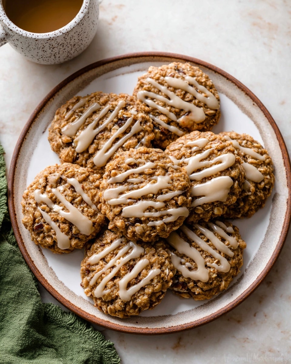 The image shows several round cookies with a rough texture and small chunks, laid out on white parchment paper over a white marbled surface. Each cookie has a light brown drizzle of glaze on top, creating a shiny, uneven layer. One cookie is broken in half, revealing a soft, moist interior with small pieces inside. A green apple slice is placed near the cookies on the left side of the image. The overall color palette is warm and natural, with shades of brown and beige from the cookies contrasting with the fresh green apple. Photo taken with an iphone --ar 4:5 --v 7