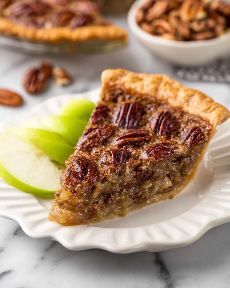 A pecan pie with a golden flaky crust filled with a glossy, caramel-colored filling mixed with whole toasted pecans packed closely on top. One large slice is missing, showing the thick filling layer beneath the pecans and the crisp crust underneath. Behind the pie, there is a small copper bowl filled with pecans and a few bright green apple slices on a white marbled surface. Photo taken with an iphone --ar 4:5 --v 7