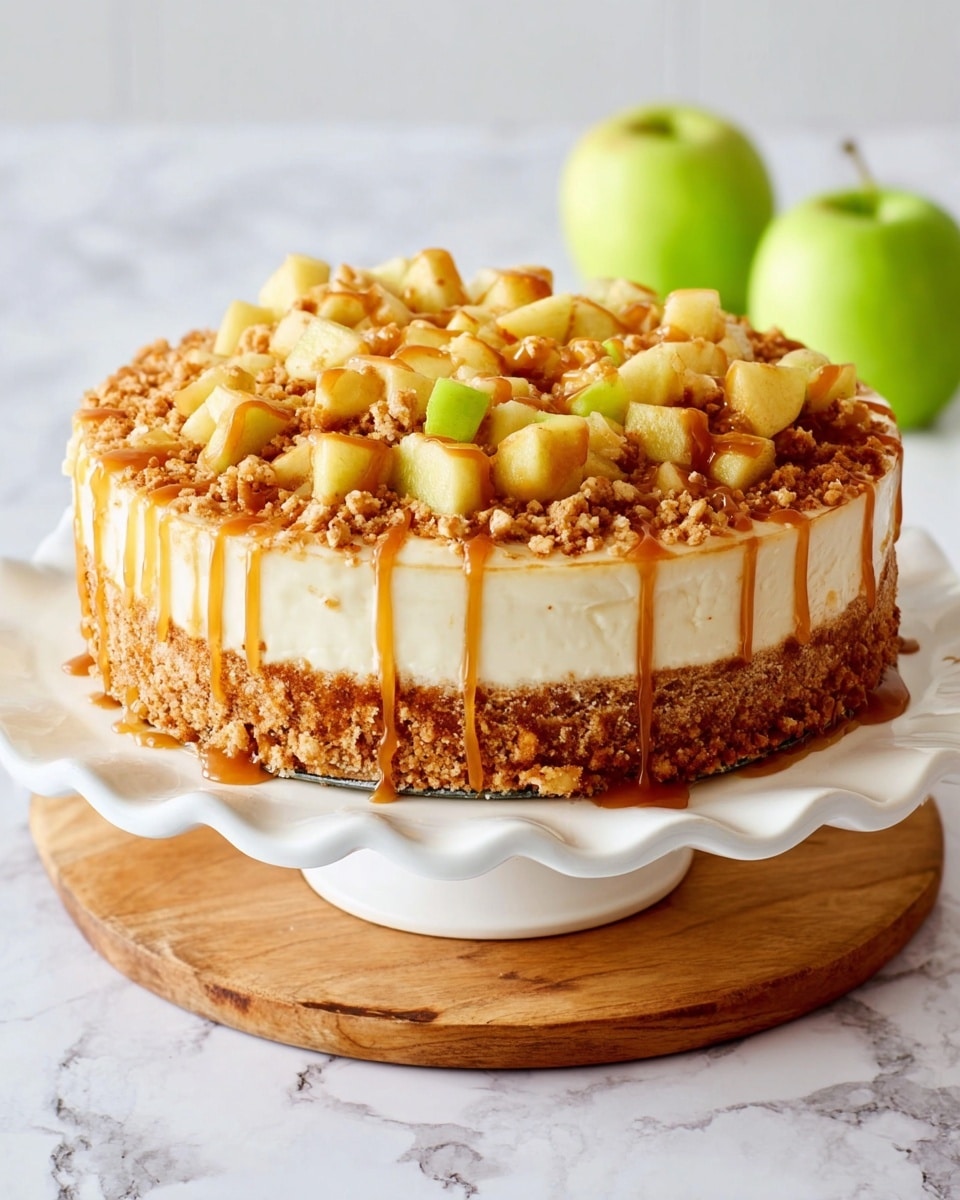 The image shows a round cheesecake on a white plate with a wavy edge, placed on a wooden board over a white marbled surface. The cheesecake has three layers: a crumbly brown crust at the bottom, a thick creamy off-white middle layer, and a topping covered with small yellow apple chunks mixed with light brown crumbles. Caramel sauce drips down from the top edge of the cheesecake, adding a shiny amber color to the sides. In the background, there are two whole green apples, slightly blurred, with a clean white backdrop. Photo taken with an iphone --ar 4:5 --v 7