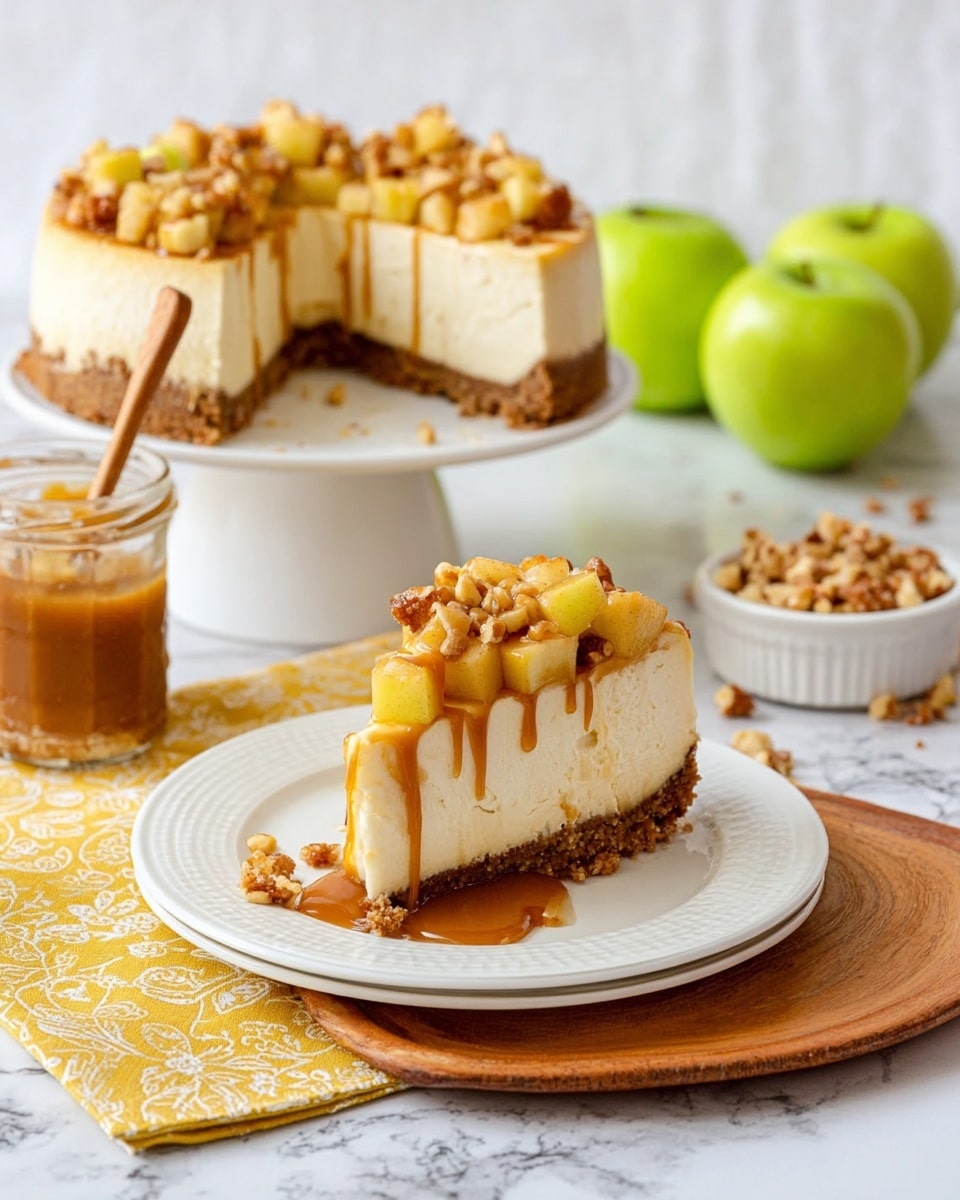 The image shows a slice of cheesecake on a white plate with a crumbly brown crust base, a thick creamy off-white cheesecake layer in the middle, and a topping of diced golden-brown apple pieces drizzled with caramel sauce and sprinkled with small bits of nuts. Two silver forks rest on the plate beside the cheesecake slice. Behind the plate, on a white cake stand, the rest of the cheesecake is visible with one slice missing, showing the same layers and toppings. To the left, two green apples, a jar of caramel sauce with a wooden spoon inside, and a small white bowl with nuts sit on a white marbled surface. The setting includes a wooden board and a yellow and white chevron cloth underneath the plate. Photo taken with an iphone --ar 4:5 --v 7