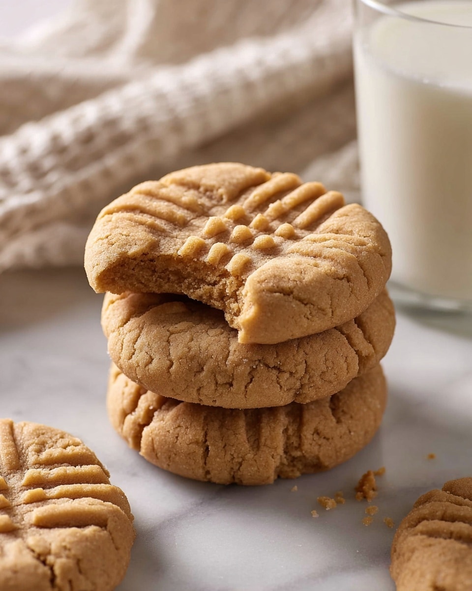 A close-up view of seven round peanut butter cookies with a light brown color on a copper cooling rack, each cookie having the classic fork pattern of crisscross lines pressed into the top, showing a slightly cracked texture. The cookies are evenly spaced and placed on a white marbled surface. photo taken with an iphone --ar 4:5 --v 7