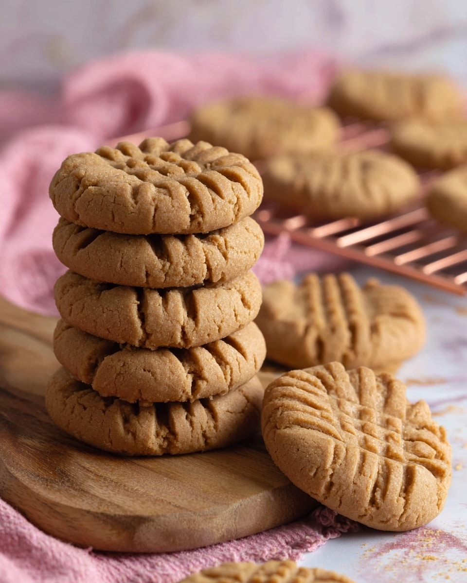 Three round peanut butter cookies are stacked on a white marbled surface, each cookie showing a light golden-brown color with a slightly cracked texture and a classic crisscross fork pattern on top. The top cookie's pattern is clearly visible, with rows of small raised bumps and lines. To the right side, there is a clear glass half-filled with milk. In the blurred background, a beige and white cloth lies folded, and a basket with more cookies is partially visible. Photo taken with an iphone --ar 4:5 --v 7