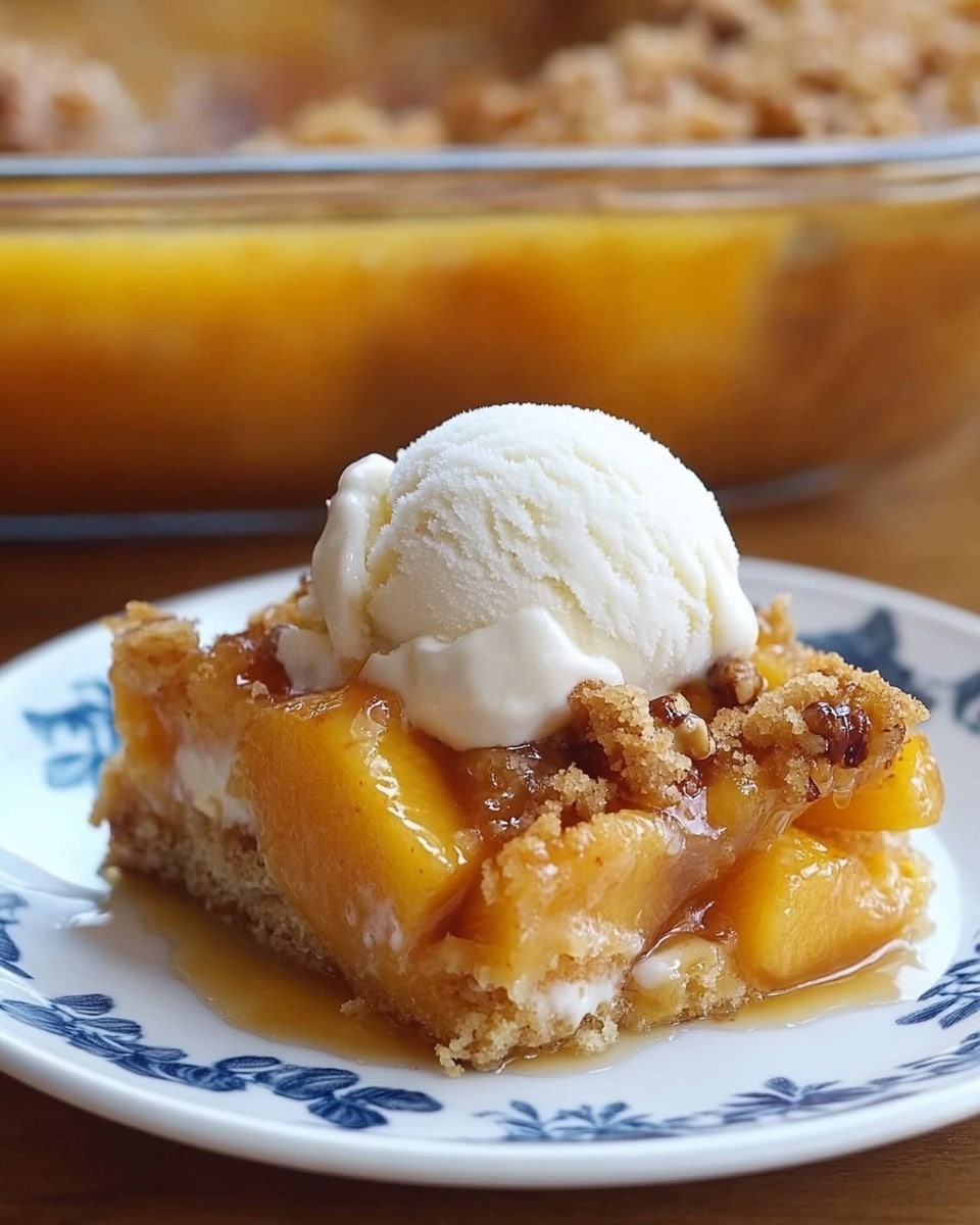 A square piece of peach cobbler sits on a white plate with a white marbled background, showing soft golden-brown crust on top that is sprinkled with chopped nuts and has visible chunks of bright yellow peaches inside. A round scoop of white vanilla ice cream is placed on top of the cobbler, slightly melting and adding a smooth texture contrast. Around the cobbler on the plate is some shiny peach syrup pooling and dripping from the sides. In the background, a clear glass baking dish with more peach cobbler is slightly blurred, showing the nut-covered crust and peach filling inside. photo taken with an iphone --ar 4:5 --v 6.1