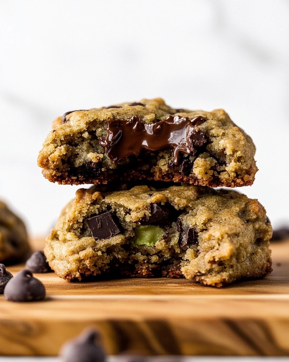 The image shows a stack of three thick, soft cookies on a wooden board set on a white marbled surface. The cookies have a rough, chewy texture with visible dark chocolate chips scattered inside and on the surface. The top cookie is broken in half, revealing a moist inside filled with chocolate chunks and small green bits that look like zucchini. The bottom cookie is whole and golden brown with a slightly crisp edge. The background is blurred with a plain white color. Photo taken with an iphone --ar 4:5 --v 6.1