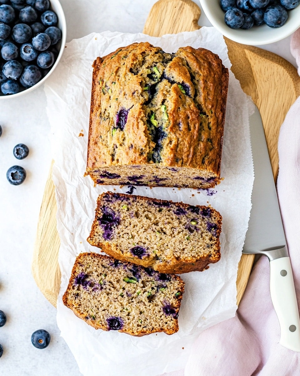 A loaf of blueberry zucchini bread is placed on white parchment paper on a wooden board. The bread has a golden brown rough crust with visible blueberries and thin green zucchini strips throughout the texture. Three thick slices are cut from the loaf and stacked slightly overlapping in front of it, showing the moist, dense inside filled with blueberries and shredded zucchini. To the left, a white plate holds a single slice of the bread. Around the board are scattered fresh blueberries, and to the right, a beige light cloth and a bowl filled with more blueberries complete the scene. A knife with a cream handle rests beside the bread. The surface is a white marbled texture. photo taken with an iphone --ar 4:5 --v 6.1