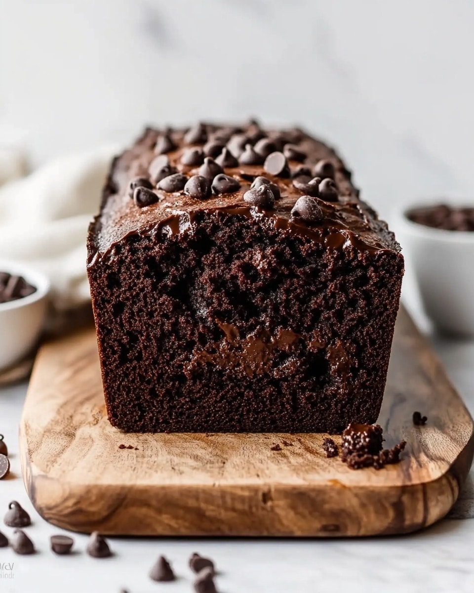 A close-up view of a single thick chocolate loaf cake with one visible rough end layer and a dense, moist texture full of darker spots, placed on a wooden cutting board on a white marbled surface. The top layer is studded with small round chocolate chips scattered over the surface, giving a textured and rich look. There are a few chocolate chips and crumbs near the base on the cutting board and a small bowl with more chocolate chips is partially visible on the right side. The background is soft and blurred with hints of green shapes. Photo taken with an iphone --ar 4:5 --v 6.1