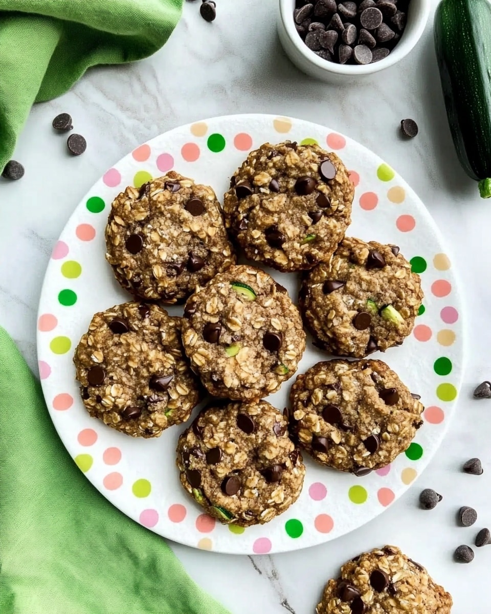 The image shows a close-up stack of three soft cookies with a rough, chunky texture. The top two cookies are broken in half, revealing a moist inside filled with dark chocolate chips and small green pieces, possibly zucchini or herbs. The cookies have a light brown color with darker chocolate spots scattered throughout. The stack is placed on a wooden board with a soft green cloth visible in the foreground and a blurred green leaf in the background against a white marbled surface. The photo taken with an iphone --ar 4:5 --v 6.1