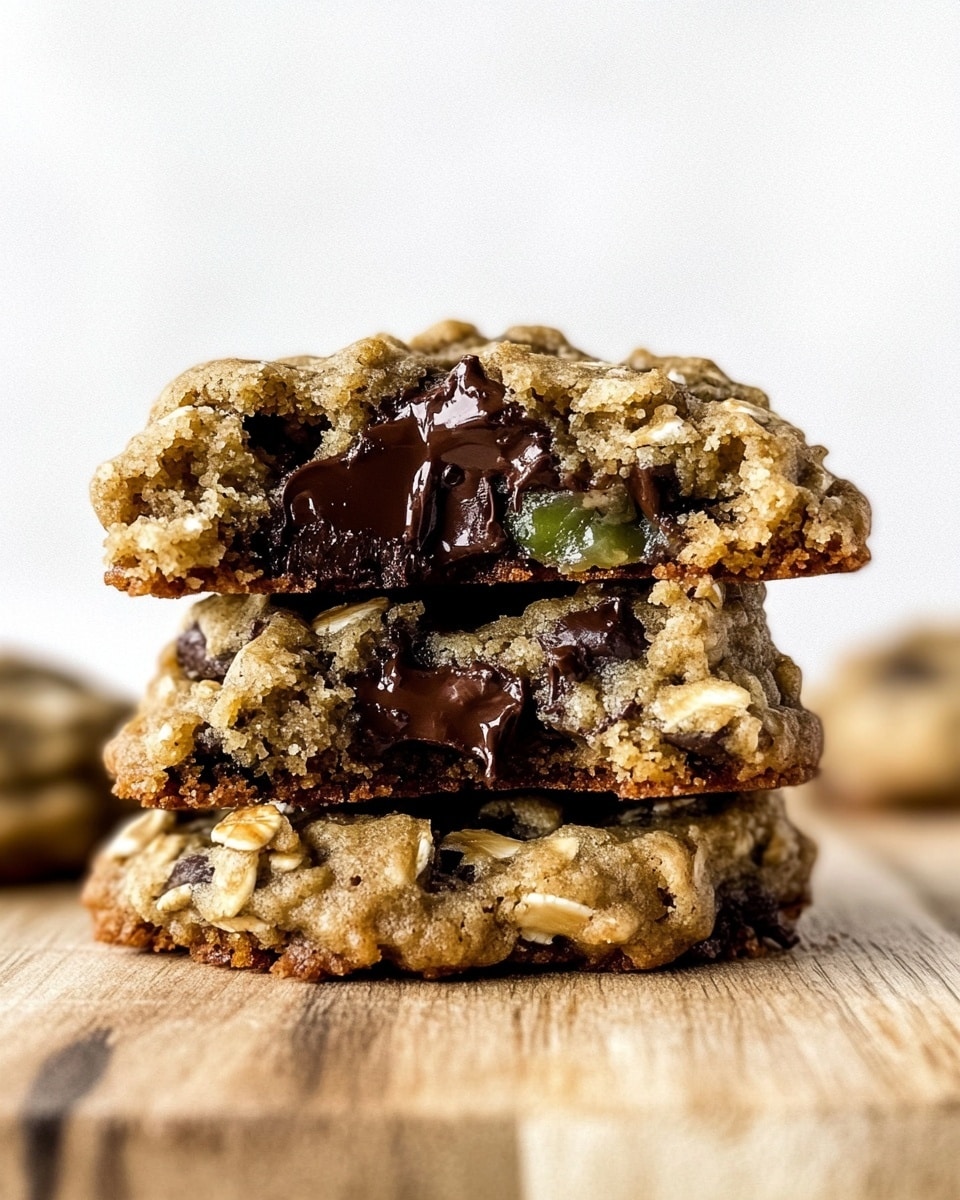 A metal cooling rack holds fifteen round oatmeal chocolate chip cookies with a golden brown color and a rough texture from the oats, each cookie dotted with dark brown chocolate chips and small green flecks, possibly zucchini. The rack is placed on a white marbled surface with a soft green cloth casually draped underneath the bottom left corner, adding a subtle color contrast to the scene. photo taken with an iphone --ar 4:5 --v 6.1