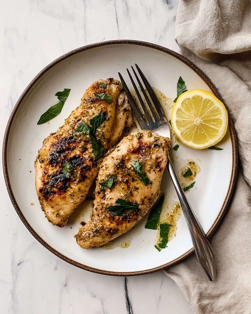 A white plate holds two cooked golden-brown chicken pieces seasoned with herbs and small green basil leaves placed on top and around them. To the right side of the chicken, there is a small bright yellow lemon wedge. A silver fork with an old wooden handle lies beside the chicken on the plate. The plate sits on a white marbled surface with a beige cloth napkin partly visible on the top right corner. Photo taken with an iphone --ar 4:5 --v 6.1