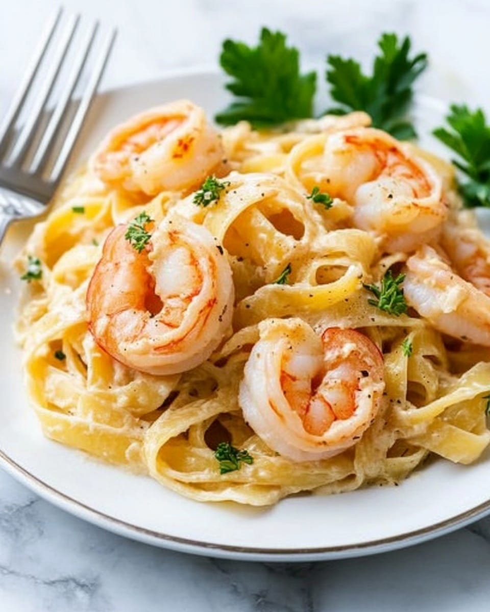 A white plate with a textured edge holds creamy pasta made of flat noodles mixed with pieces of cooked shrimp that are orange and white. The sauce is light and creamy, coating the pasta and shrimp well. Small green parsley leaves are placed visibly on top and around the dish for color contrast. The plate sits on a white marbled surface. On the right side of the plate, there is a silver fork and spoon resting next to each other. photo taken with an iphone --ar 4:5 --v 6.1
