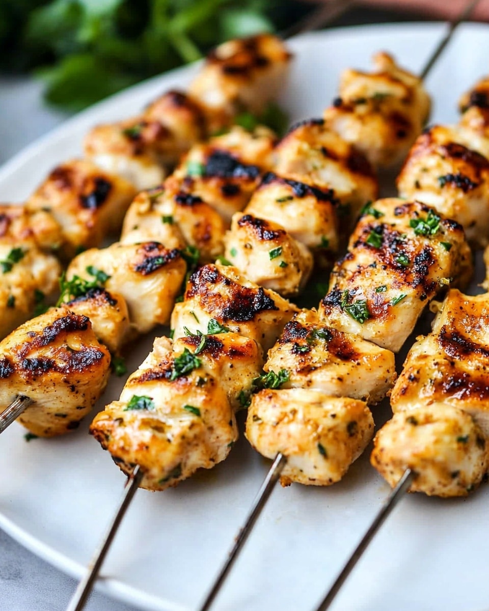 The image shows a close-up of several grilled chicken skewers on a white plate placed on a white marbled surface. Each skewer has chunks of light golden chicken with visible grill marks, giving the pieces a mix of brown and slightly charred dark spots. The chicken pieces are sprinkled with finely chopped green herbs, adding a fresh touch of color against the warm, cooked meat. The chicken looks juicy with a slight shine, indicating it is well cooked and seasoned. Photo taken with an iphone --ar 4:5 --v 6.1
