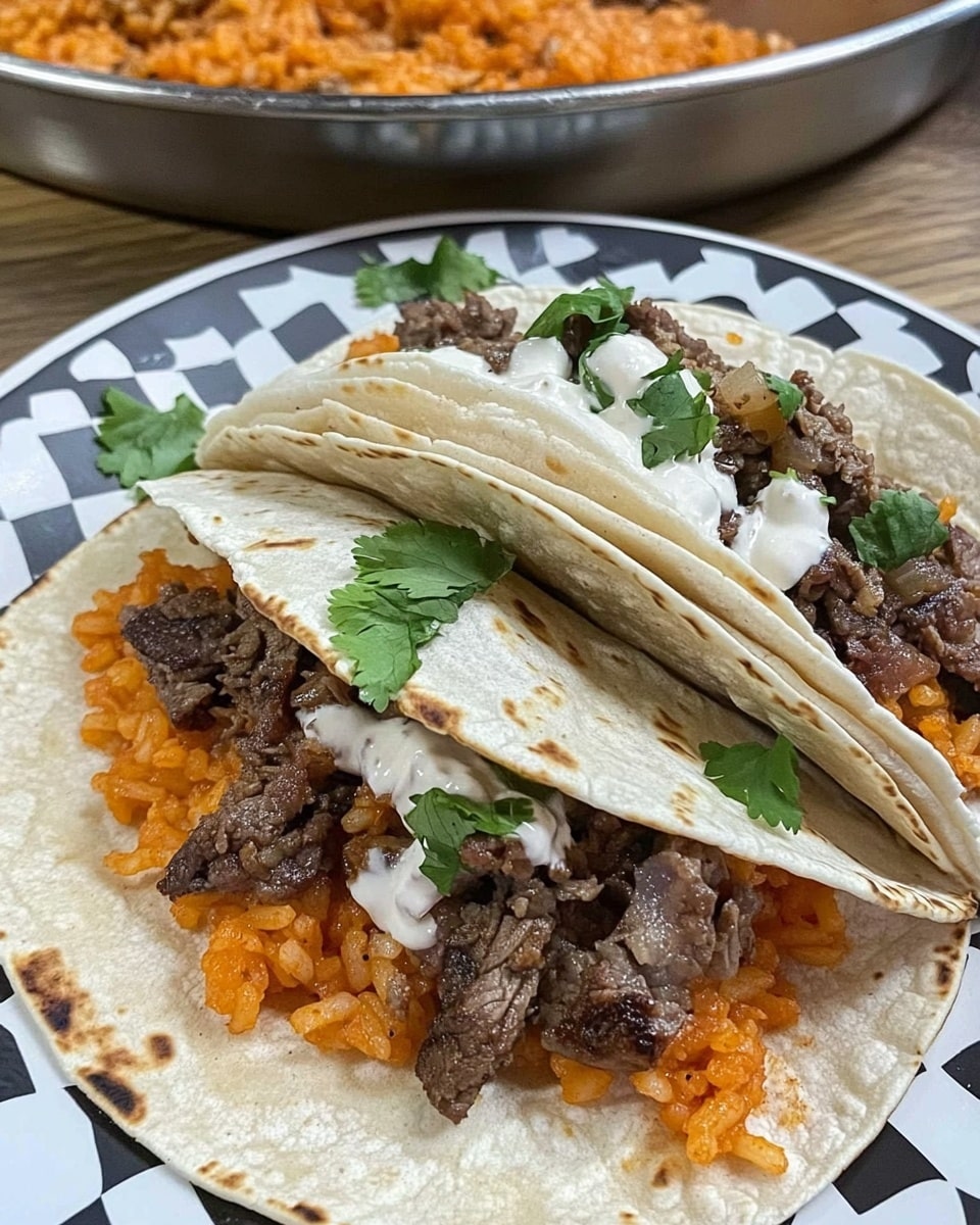 Two soft white tortillas lie on a white plate with a black and white checkered pattern. Each tortilla is layered with a base of orange rice mixed with small bits of onion, topped with thin pieces of cooked brown beef. On top of the beef, there are green cilantro leaves scattered, and drizzles of white creamy sauce and reddish-brown salsa add color and texture. One tortilla is fully open showing all layers, while the other is partially folded, showing the orange rice and beef beneath, with more cilantro peeking out. In the background, a silver pan with more rice and beef rests on a wooden surface replaced with a white marbled texture. The photo taken with an iphone --ar 4:5 --v 6.1