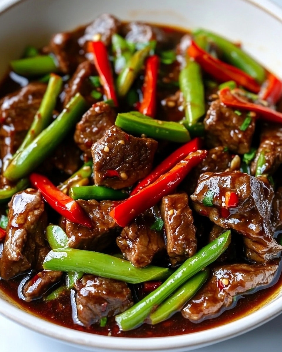 A close-up view of a stir-fry dish in a white bowl with a blue rim, filled with glossy dark brown slices of beef mixed with bright red and green bell pepper strips. The beef pieces have a shiny, saucy texture, appearing tender and well coated with sauce. The vibrant peppers add a fresh, crisp look, arranged evenly throughout the bowl. A wooden spatula is seen stirring the dish, held by a woman's hand, gently mixing the ingredients, all set against a white marbled surface. photo taken with an iphone --ar 4:5 --v 6.1