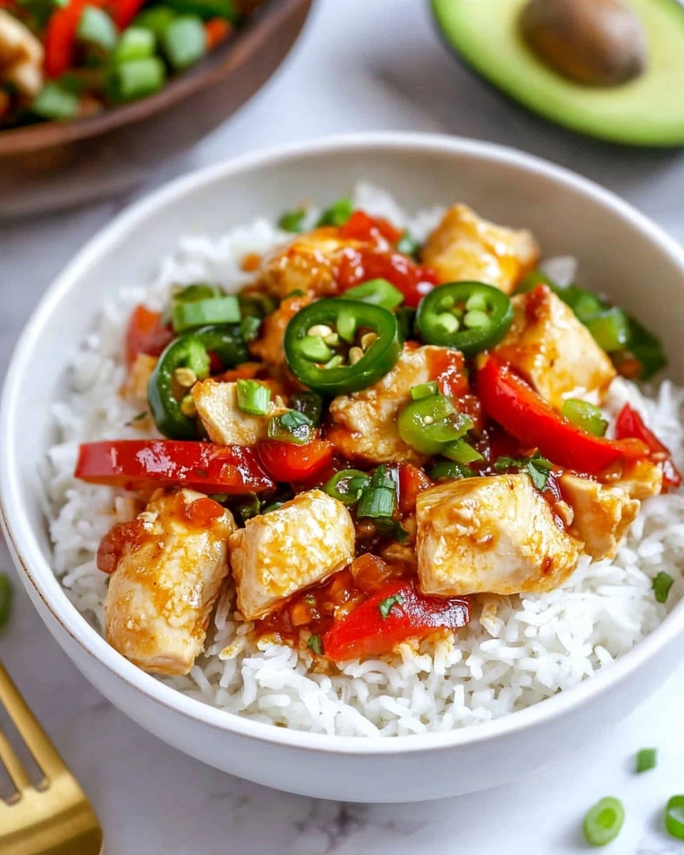 A white bowl filled with a layer of fluffy white rice at the bottom, topped with chunks of golden-browned chicken mixed with bright red bell pepper strips and green jalapeño slices. The dish is garnished with small pieces of green onion and drizzled with a red sauce that looks slightly spicy. The bowl is placed on a white marbled surface with a wooden bowl filled with chopped green onions and a halved avocado visible in the background. Photo taken with an iphone --ar 4:5 --v 6.1
