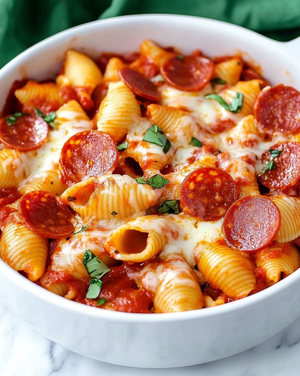 A round white pot with red handles holds a baked pasta dish with three visible layers: at the bottom, curly pasta mixed with tomato sauce and scattered small vegetable pieces; the middle layer is melted creamy white cheese, thickly covering the pasta; on top are evenly spaced dark red pepperoni slices with a slight shine, garnished with fresh green basil leaves scattered around. The pot sits on a white marbled surface next to a silver spoon and a beige cloth. A white bowl with blue floral patterns holds a colorful mix of green and purple leafy salad in the upper corner. photo taken with an iphone --ar 4:5 --v 6.1