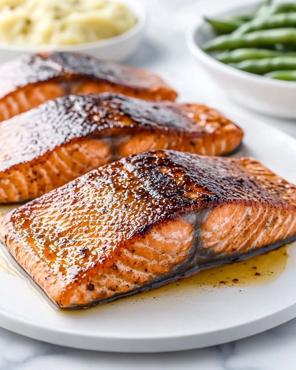 The image shows three thick salmon fillets placed side by side on a sheet of foil-lined baking tray. Each fillet has a dark, spicy-looking crust on top with a slightly shiny, oily surface, while the bottom part of the fish is a soft orange-pink color. The foil beneath the fillets is stained with orange and brown cooking juices. To the left side of the tray, there is a wooden brush with a bright red silicone head resting on the foil. In the background, there is a white marbled surface holding a white square bowl and a golden spoon with some spices. Photo taken with an iphone --ar 4:5 --v 6.1