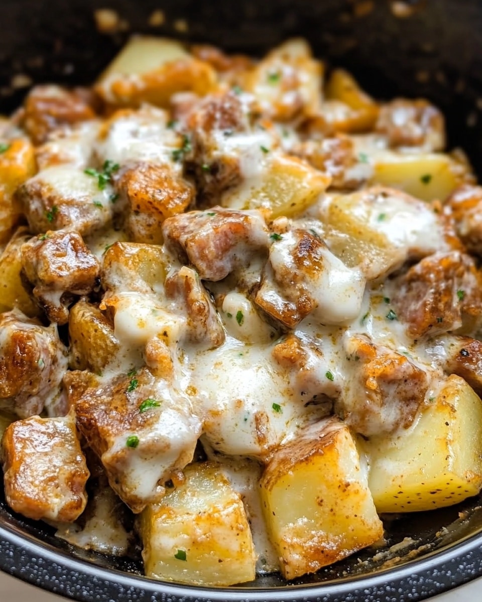 A close-up view of a black bowl filled with small, evenly chopped potato pieces cooked with a creamy white sauce that lightly coats each piece, giving a slightly shiny and soft texture. The potatoes are golden brown with some darker seared spots, and there are small bits of herbs sprinkled lightly on top for a touch of green. The bowl's inside has a glossy finish, and the dish looks warm and freshly prepared on a white marbled surface. photo taken with an iphone --ar 4:5 --v 6.1